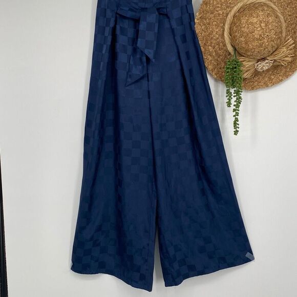Urban Outfitters Checkmate Wide Leg Satin High-Rise Belted‎ Pants Navy 2 - Picture 1 of 12